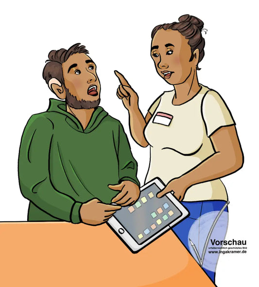 Eine Frau mit Namensschild nimmt einem Mann ein Tablet weg.