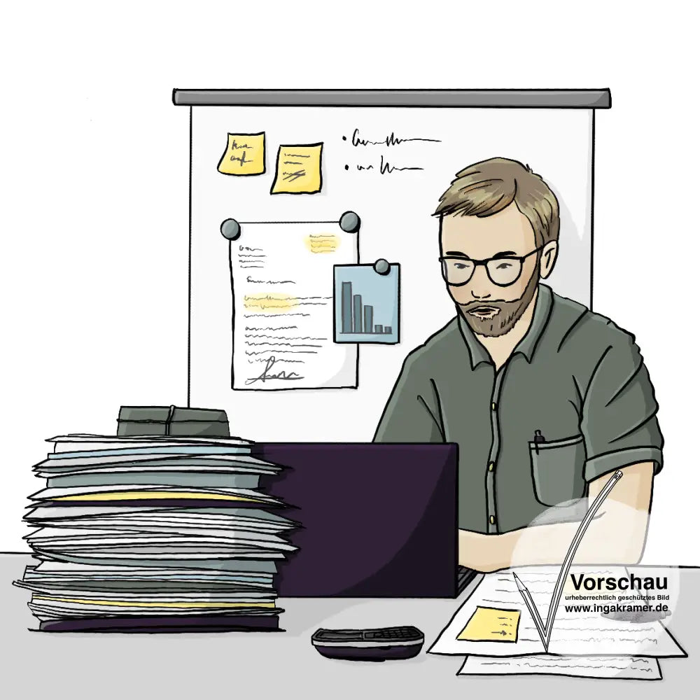 Ein Mann sitzt am Schreibtisch am Laptop. Auf dem Schreibtisch liegen ein Telefon und hohe Papierstapel. Im Hintergrund an der Wand hängt ein Whiteboard mit Notizen und Zetteln. 