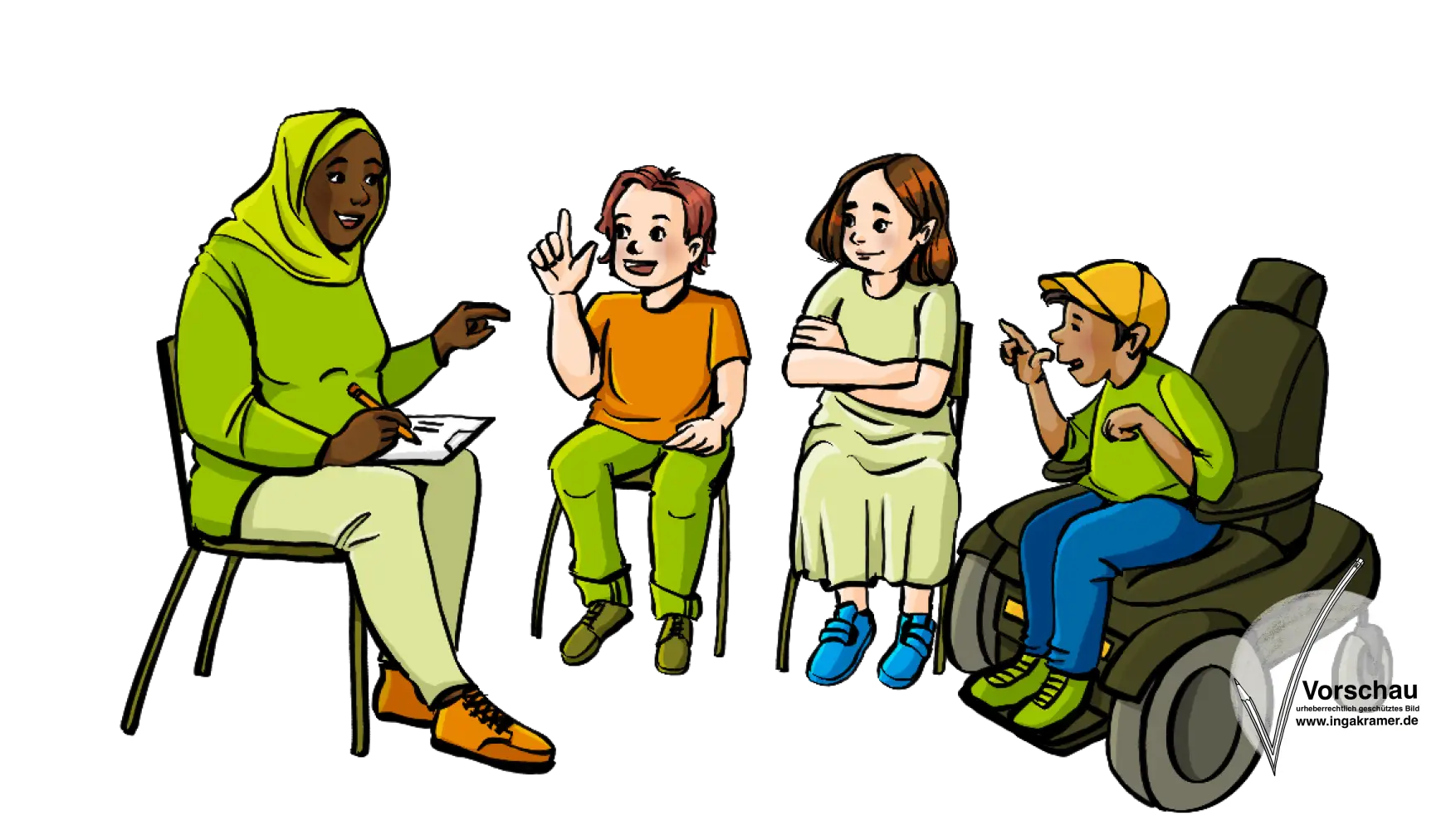 Eine Frau und Kinder sitzen im Stuhlkreis.