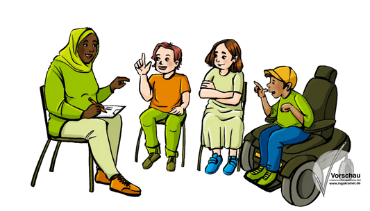 Eine Frau und Kinder sitzen im Stuhlkreis.