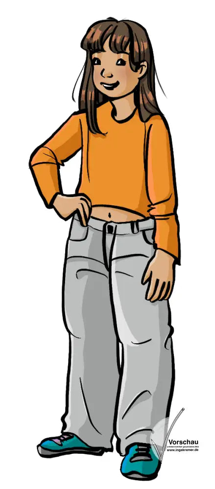 Ein Mädchen in grauer Hose und orangenem Sweatshirt.