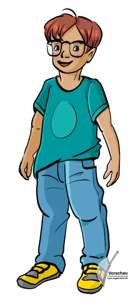 Ein Junge mit roten Haaren und Brille.