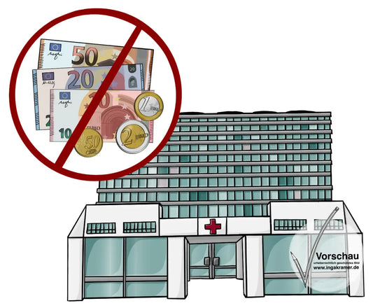 Ein Krankenhaus und durchgestrichenes Geld.