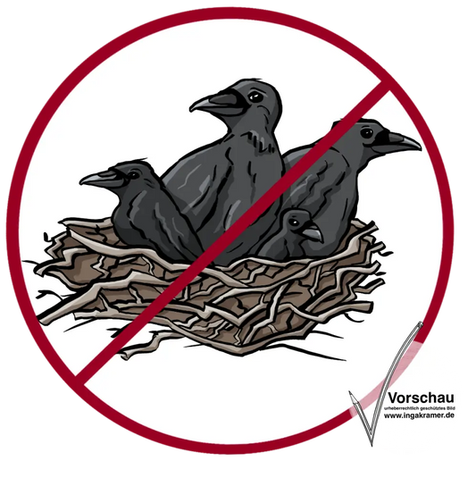 Ein Nest mit einer Rabenfamilie. Das Bild ist durchgestrichen.