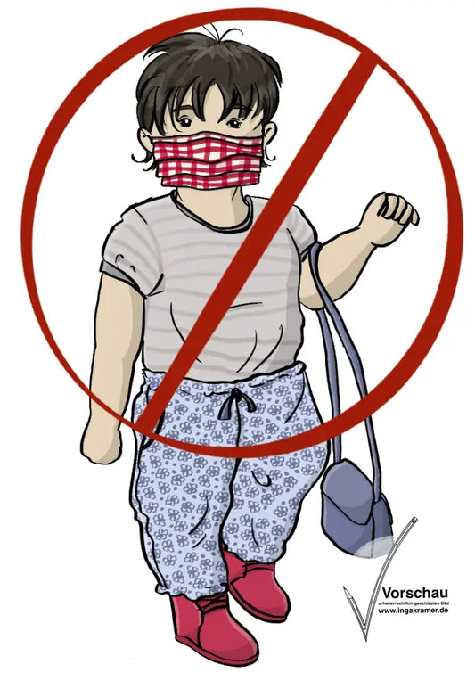 Ein Kind trägt einen Mundschutz. Das Bild ist durchgestrichen.