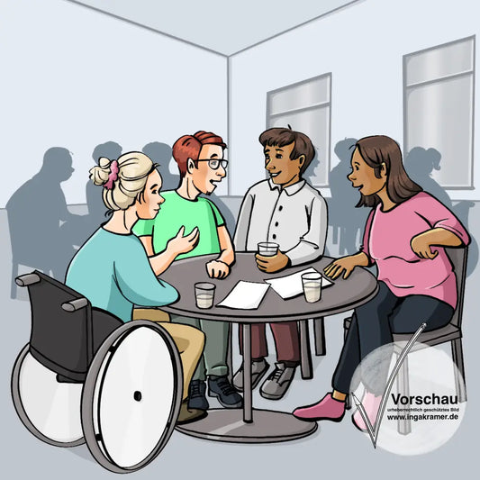 4 Menschen sitzen um einen Tisch und reden.