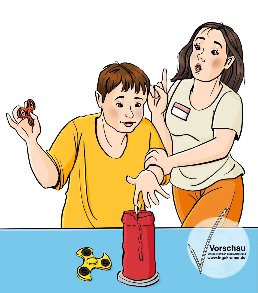 Ein junger Mann fast in eine Kerzenflamme. Eine Fachkraft hält ihn am Arm fest.