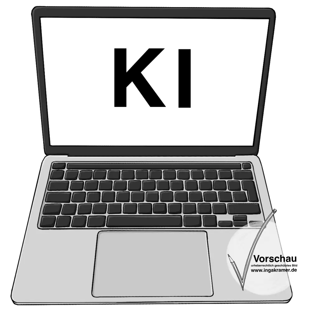 Ein Laptop. Auf dem Bildschirm steht: KI