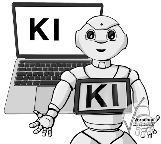 Ein Laptop und ein Roboter mit einem Tablet. Auf beiden Bildschirmen steht: KI