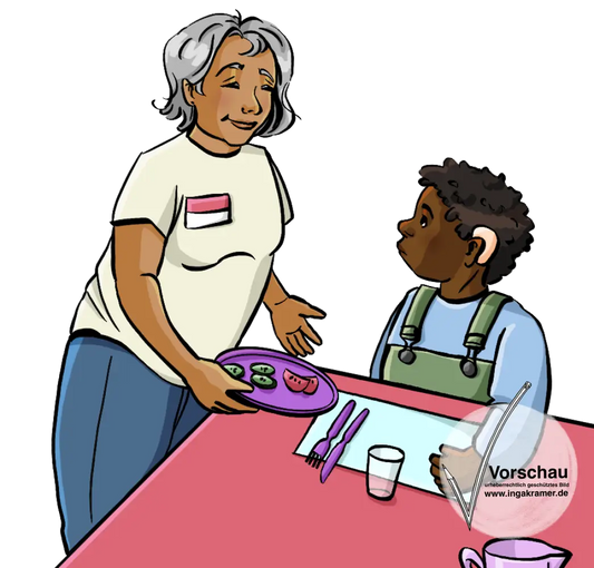 Eine Frau mit Namensschild gibt einem Kind einen Teller mit Rohkost.