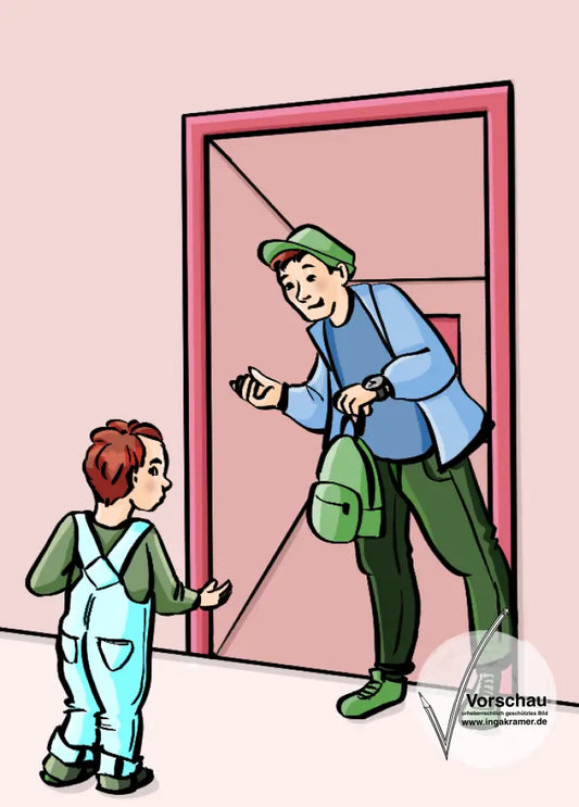 Ein Kind geht zur Tür und schaut sich nach hinten um. Ein Mann steht im Türrahmen und hält einen kleinen Rucksack in der Hand.