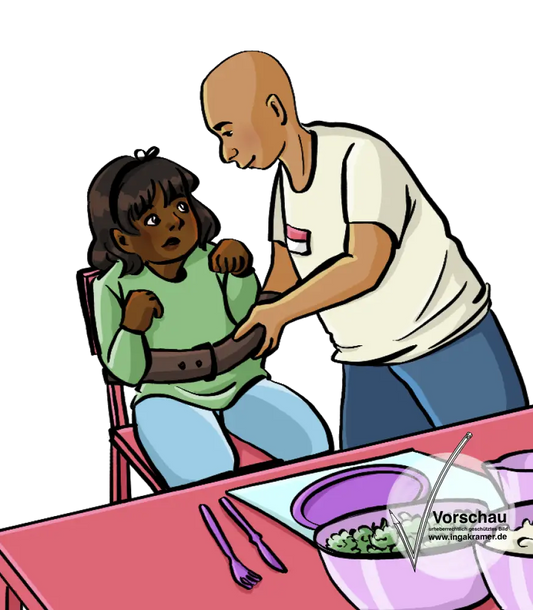 Ein Mann mit Namensschild bindet ein Kind an einem Stuhl fest. Vor ihm auf dem Tisch steht ein Teller und Schüsseln mit essen.