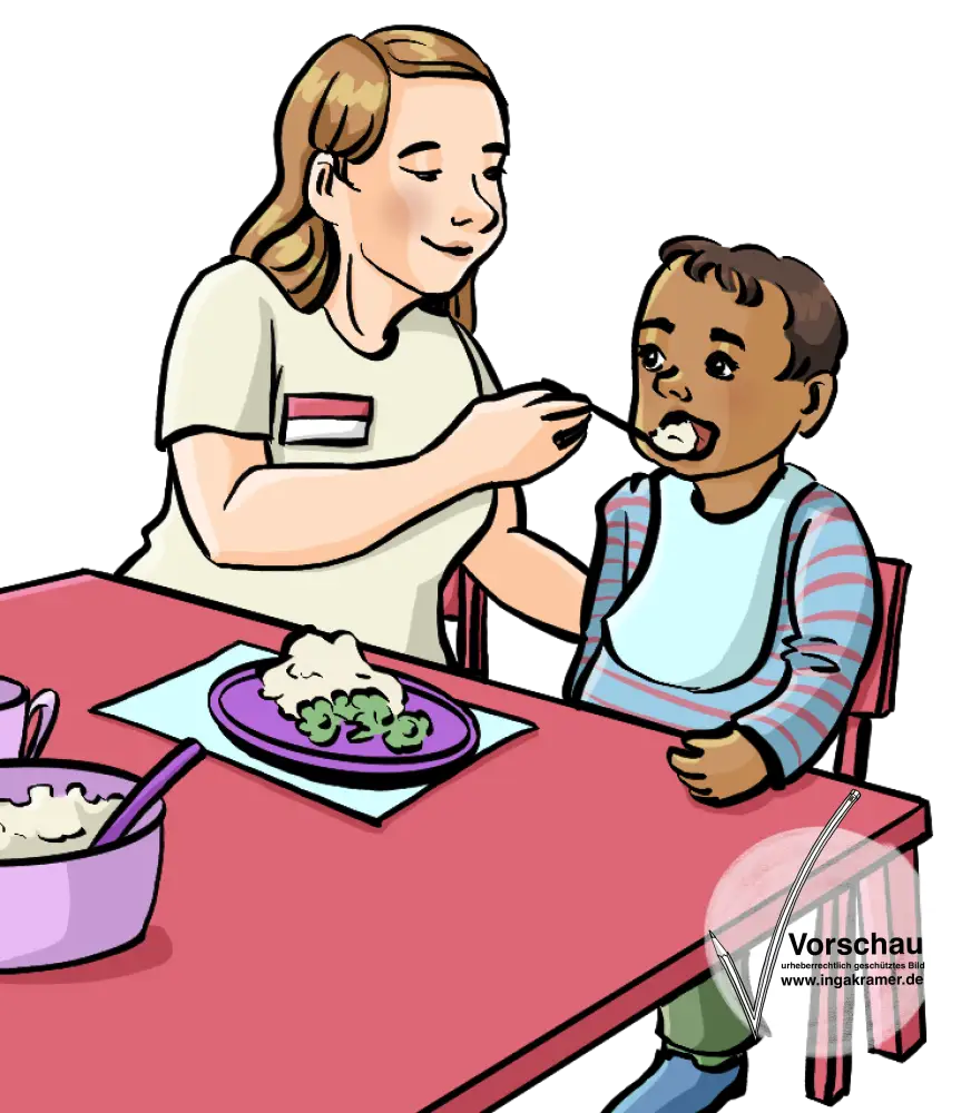 Eine Frau mit Namensschild füttert ein Kind im Kindergartenalter.