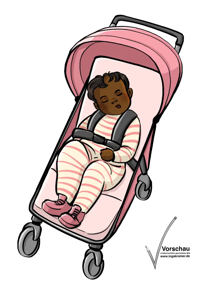 Ein Kleinkind schläft in einem Buggy.