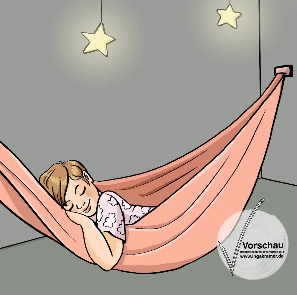 Ein Kleinkind schläft in einer Hängematte.