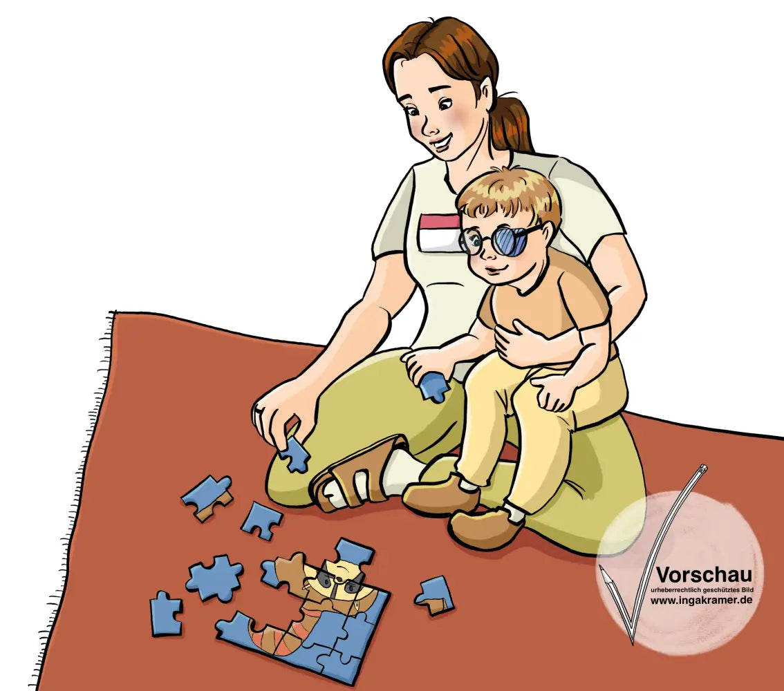 Eine Frau mit Namensschild hat ein Kind auf dem Schoß. Vor ihnen auf dem Teppich liegt ein Puzzle.