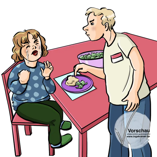 Ein Mädchen sitzt am Tisch und weint. Ein Mann mit Namensschild zeigt auf einen Teller mit Essen.