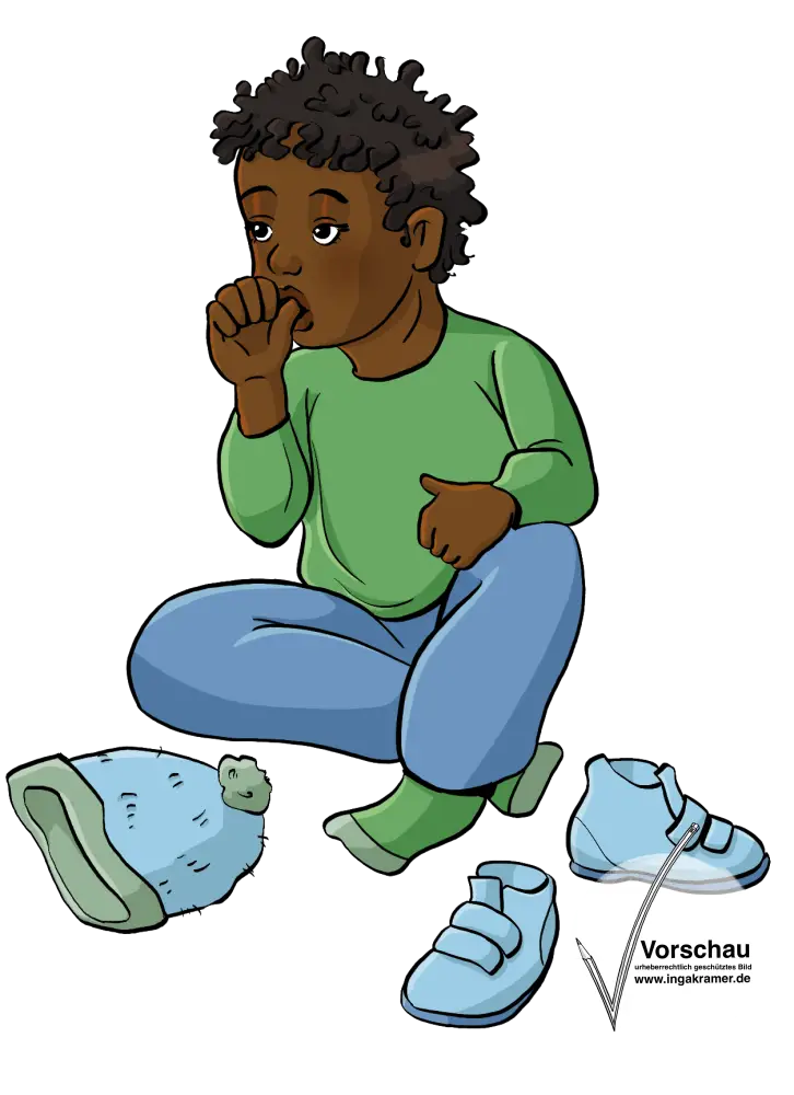 Ein Kleinkind sitzt auf dem Boden und lutscht am Daumen. Neben ihm liegen Schuhe und eine Mütze.