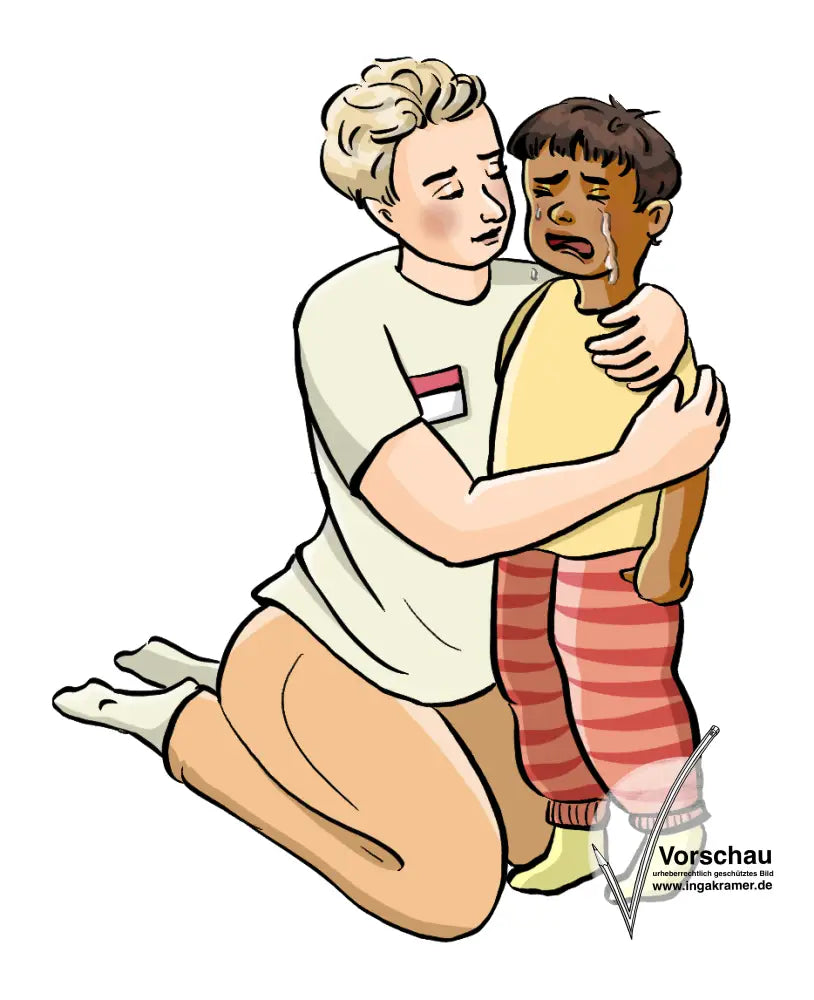 Ein Mann mit einem Namensschild nimmt ein weinendes Kind in den Arm.