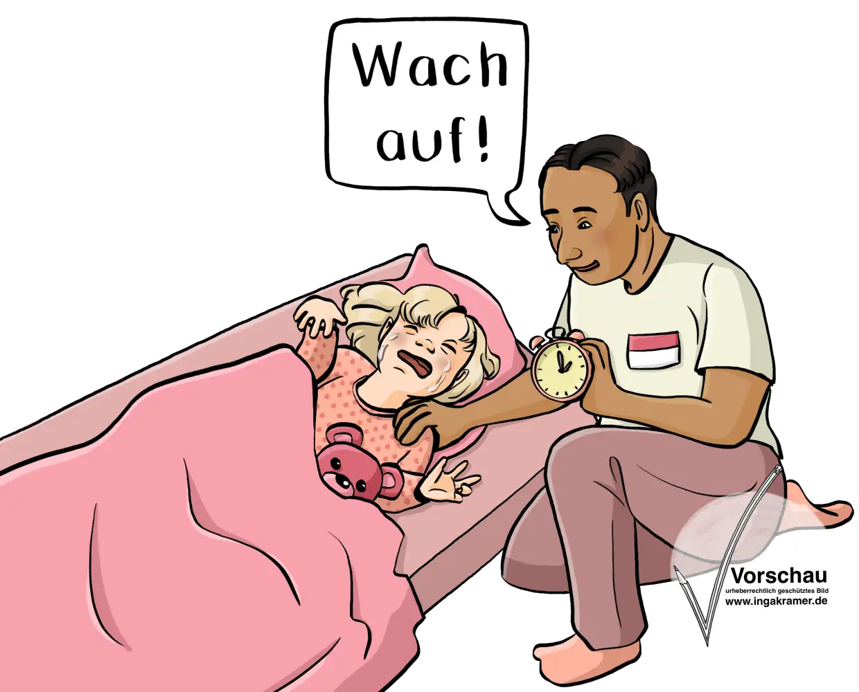 Ein Kleinkind liegt auf einer Matratze und weint. Ein Mann berührt das Kind an der Schulter. Er hält einen Wecker in der Hand und sagt: Wach auf!