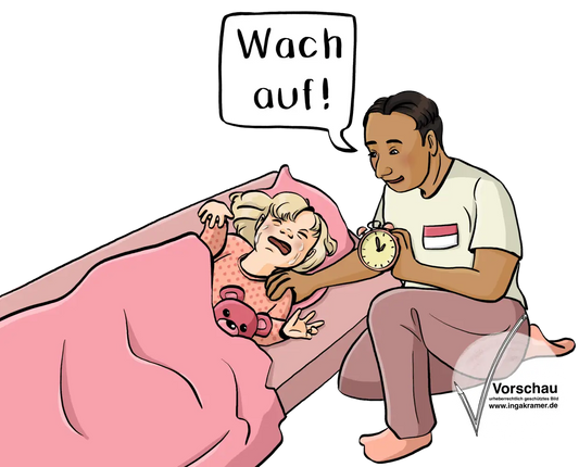 Ein Kleinkind liegt auf einer Matratze und weint. Ein Mann berührt das Kind an der Schulter. Er hält einen Wecker in der Hand und sagt: Wach auf!
