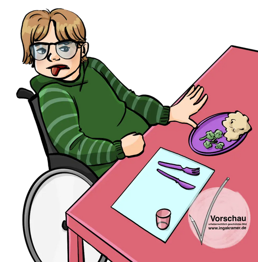Ein Kind sitzt am Tisch und schiebt seinen Teller weg. Es schaut angeekelt.