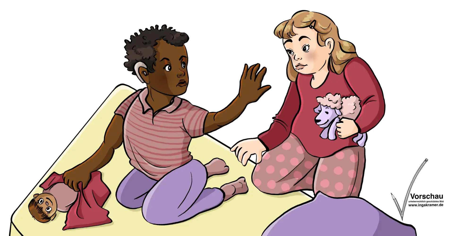 Ein kleines Mädchen nähert sich einem kleinen Jungen. Der Junge streckt ihr die Handfläche entgegen.