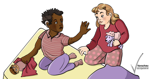 Ein kleines Mädchen nähert sich einem kleinen Jungen. Der Junge streckt ihr die Handfläche entgegen.