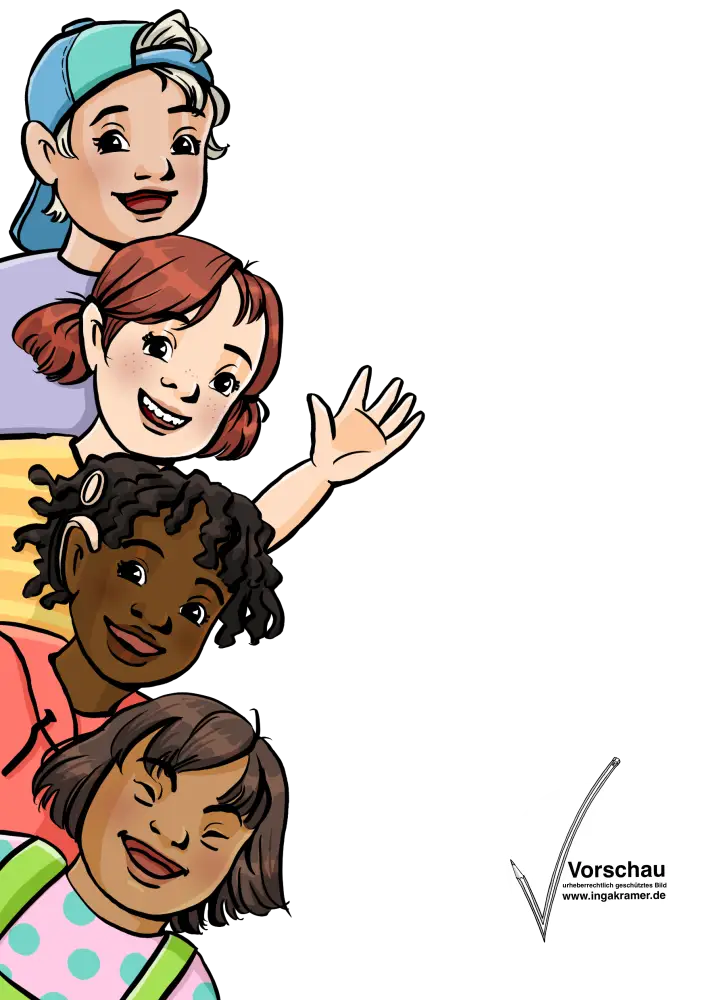 Vier fröhliche Kinder im Kindergarten- oder Grundschulalter schauen von links ins Bild.