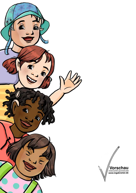 Vier fröhliche Kinder im Kindergartenalter schauen von links ins Bild.