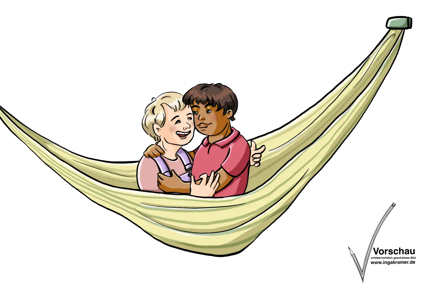 Zwei Jungen sitzen in einer Hängematte und umarmen sich.