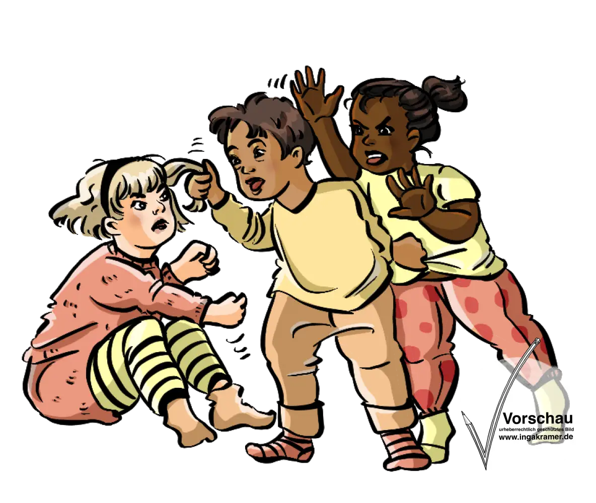 Drei jüngere Kinder hauen sich und ziehen sich gegenseitig an den Haaren.