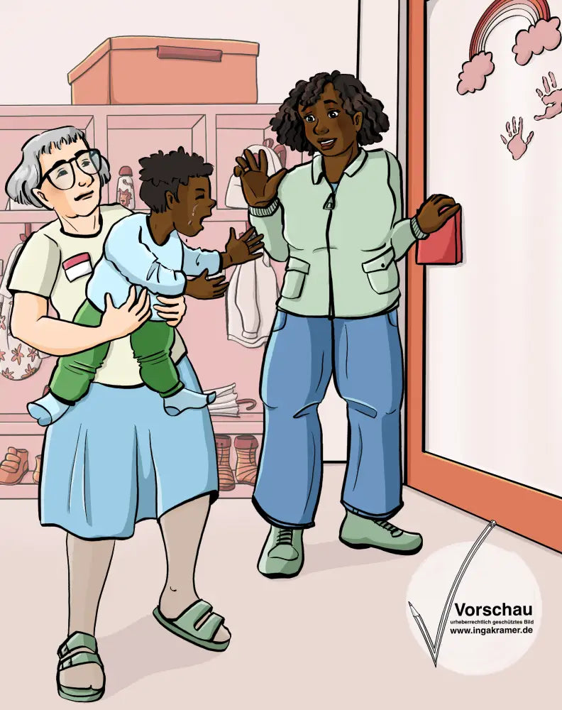 Eine Frau mit Namensschild hält ein weinendes Kind auf dem Arm. Das Kind streckt sich nach seiner Mutter aus. Die Mutter steht an der Tür und winkt.