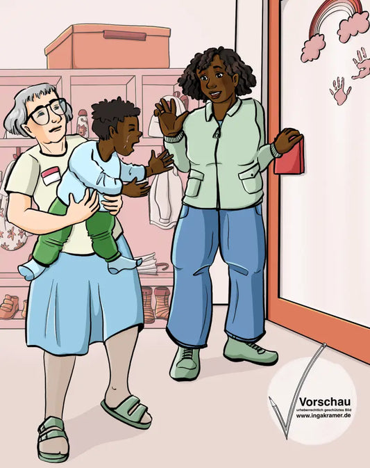 Eine Frau mit Namensschild hält ein weinendes Kind auf dem Arm. Das Kind streckt sich nach seiner Mutter aus. Die Mutter steht an der Tür und winkt.