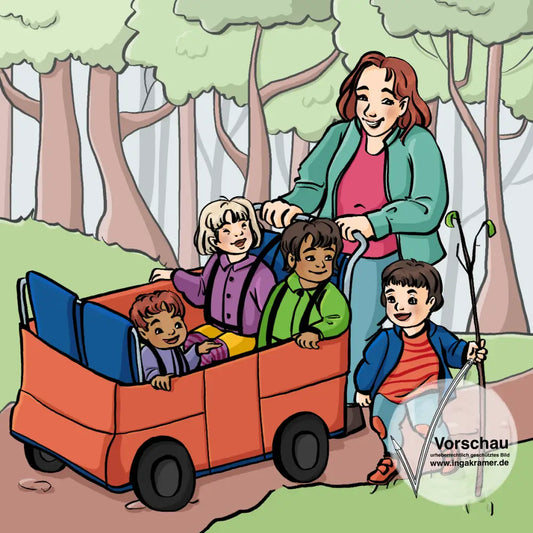 Eine Frau schiebt drei Kinder in einem Wagen durch den Wald. Ein viertes Kind läuft mit einem Stock neben dem Wagen.