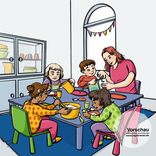 Eine Frau vier Kinder sitzen an einem niedrigen Tisch. Auf dem Tisch stehen Teller und Schüsseln mit essen. Die Kinder nehmen sich essen, die Frau hilft einem Kind mit dem Lätzchen.