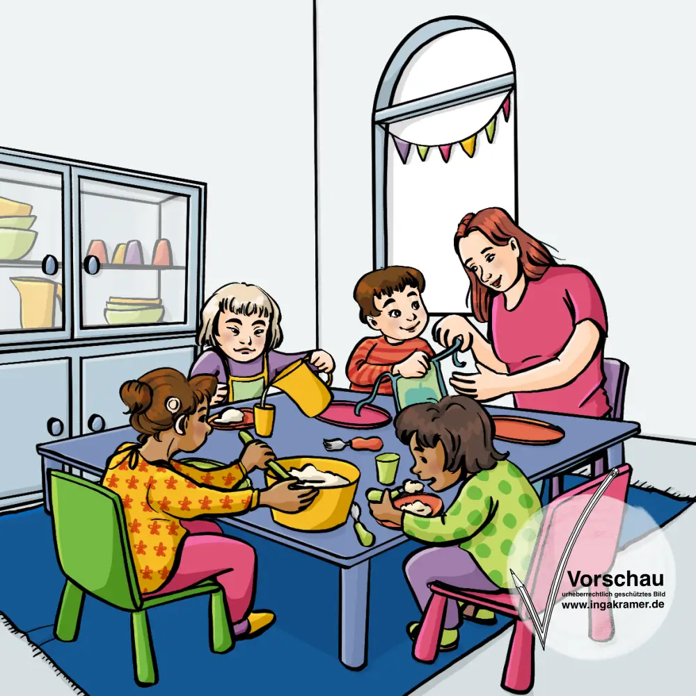 Eine Frau vier Kinder sitzen an einem niedrigen Tisch. Auf dem Tisch stehen Teller und Schüsseln mit essen. Die Kinder nehmen sich essen, die Frau hilft einem Kind mit dem Lätzchen.