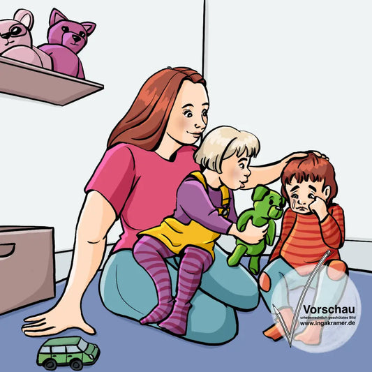 Eine Frau streicht einem weinenden Kind über den Kopf. Ein anderes Kind sitz auf dem Schoß der Frau und gibt dem weinenden Kind ein Kuscheltier.