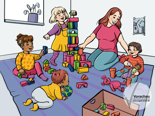Eine Frau und vier Kinder sitzen auf einem Teppich und spielen mit Bauklötzen, Puppen und einem Ball.