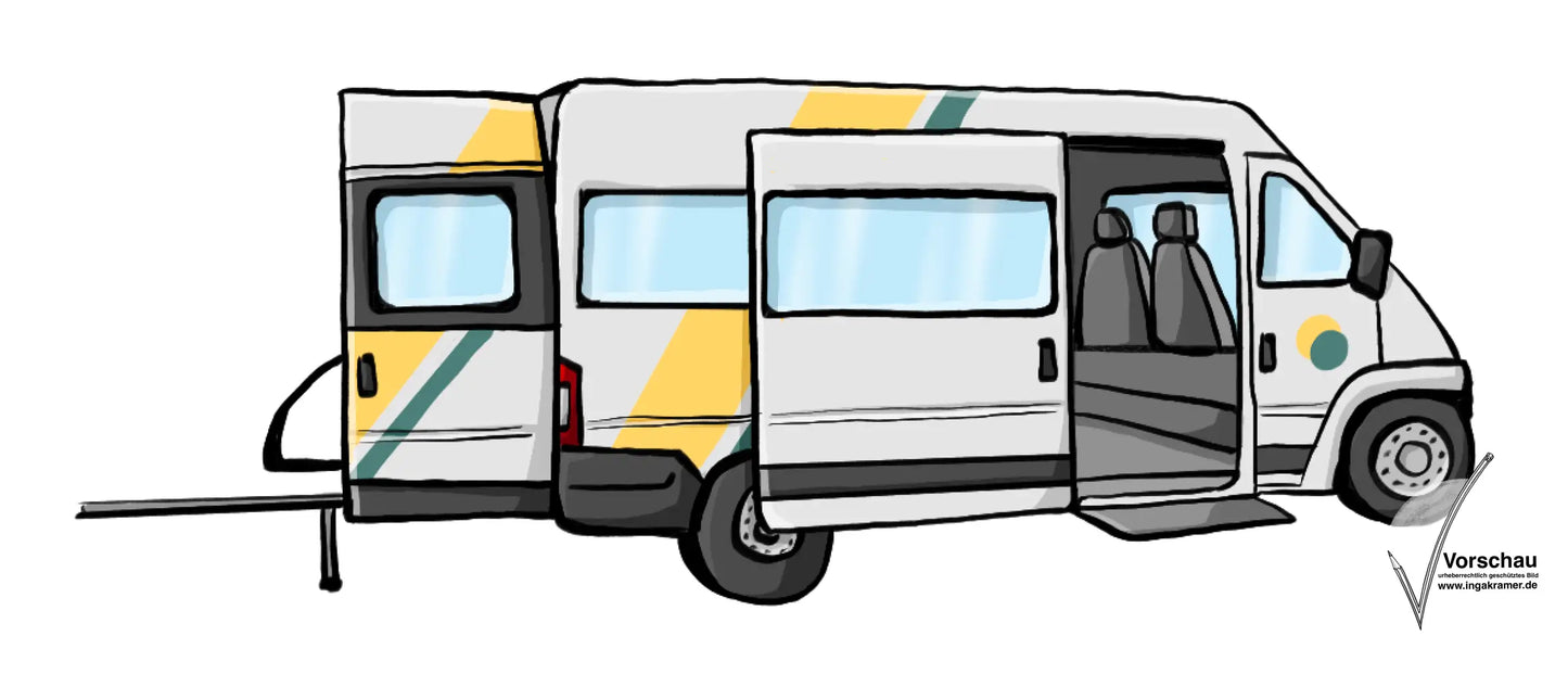 Ein Kleinbus mit offener Tür und Rampe an der Hintertür.
