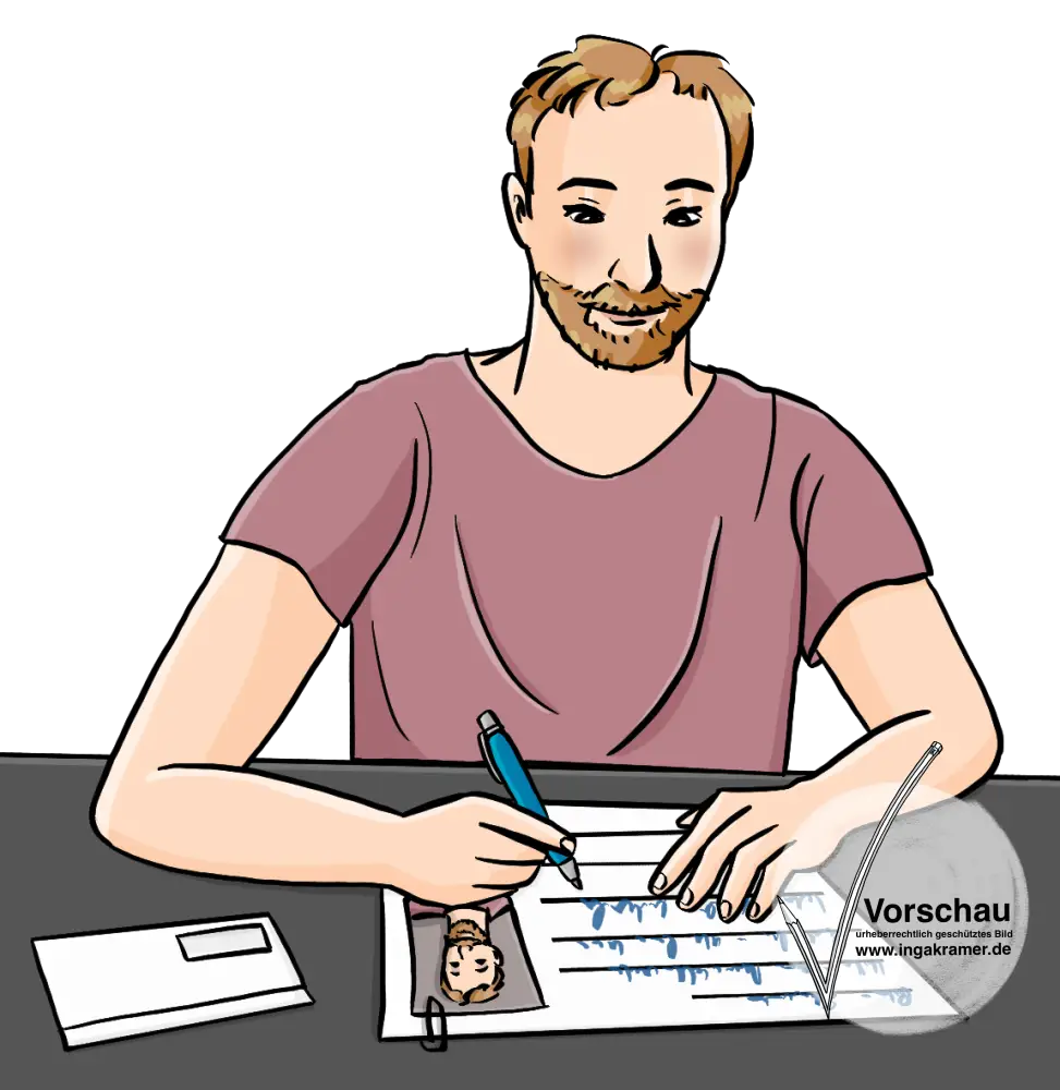 Ein Mann sitzt an einem Tisch und füllt ein Formular mit seinem Foto aus. Neben dem Formular liegt ein länglicher Umschlag.