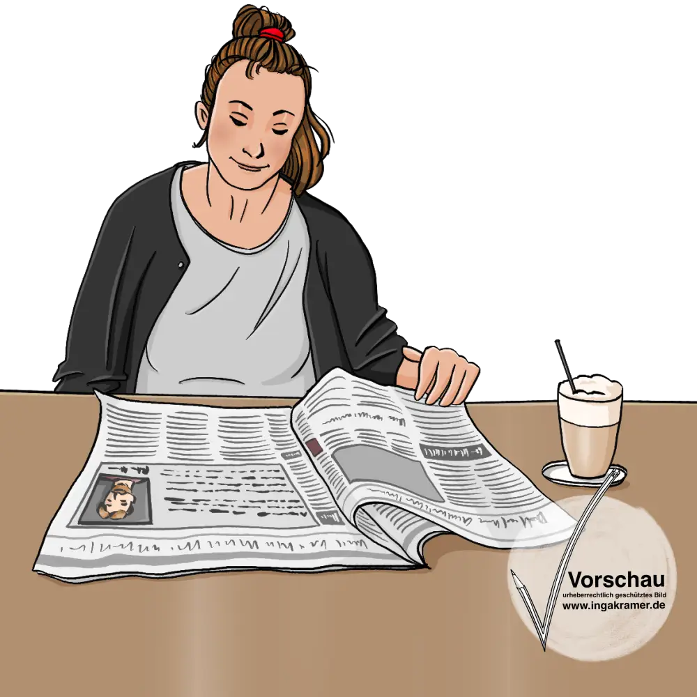 Eine Frau sitzt am Tisch und blättert in einer Zeitung. Neben ihr steht ein Glas mit Kaffee. In der Zeitung ist ein Foto von einem Mann.