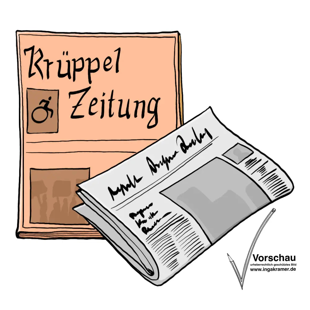 Eine graue und eine orange Zeitung. Auf der orangenen steht: Krüppelzeitung.