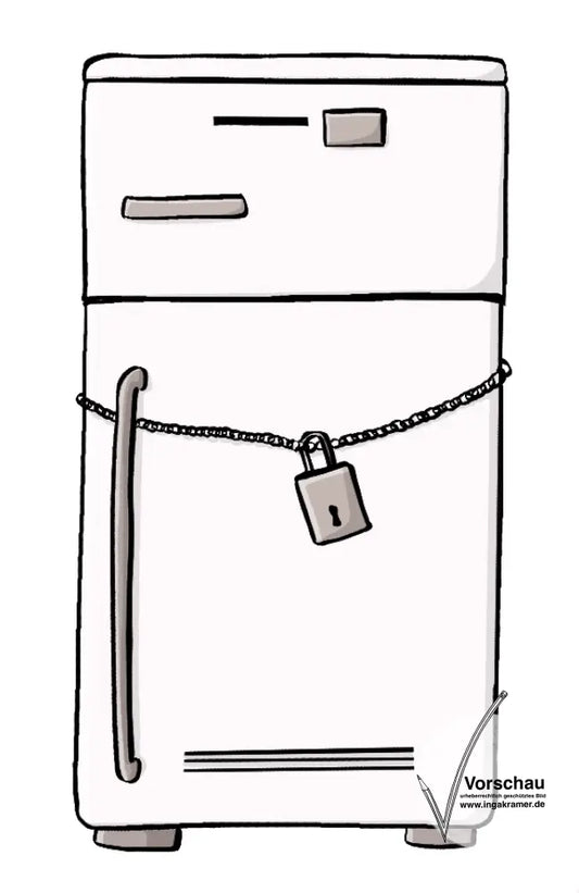 Ein Kühlschrank mit einem Vorhängeschloss.