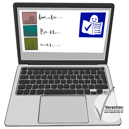 Ein Laptop. Auf dem Bildschirm sind Bilder, unleserlicher Text und das Symbol für Leichte Sprache.