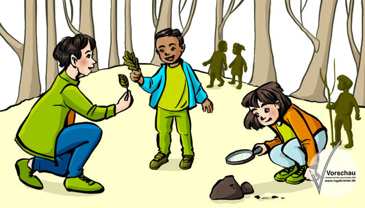 Kinder und eine Frau im Wald. Ein Kind hält ein Blatt in der Hand, ein anderes betrachtet durch eine Lupe einen Stein.