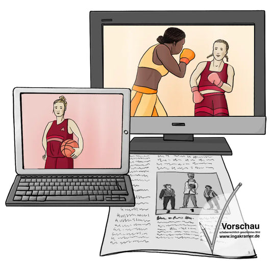 Ein Fernseher mit dem Bild von einem Boxkampf von zwei Frauen, ein Laptop mit dem Bild einer Basketballspielerin und eine Zeitung mit einem Bild von einer Siegerehrung mit drei Frauen.