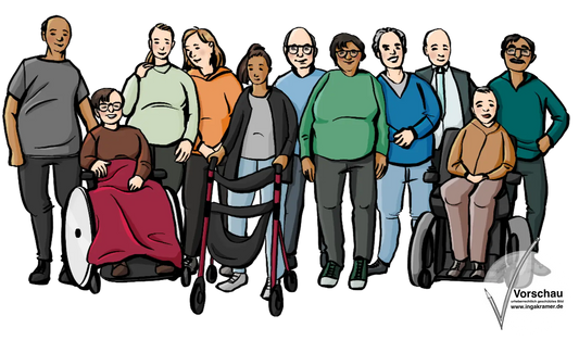 Eine Gruppe Männer und Frauen mit verschiedenen Hautfarben, mit und ohne sichtbare Behinderungen.