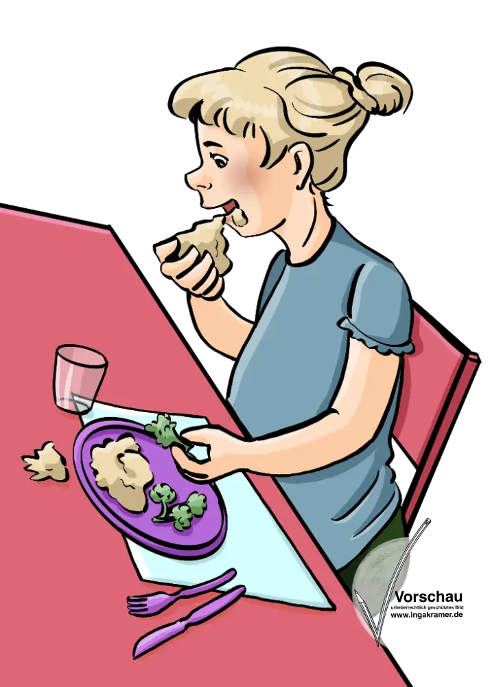 Ein Mädchen sitzt am Tisch, vor ihm steht ein Teller mit essen. Das Mädchen steckt sich mit der Hand Essen in den Mund.
