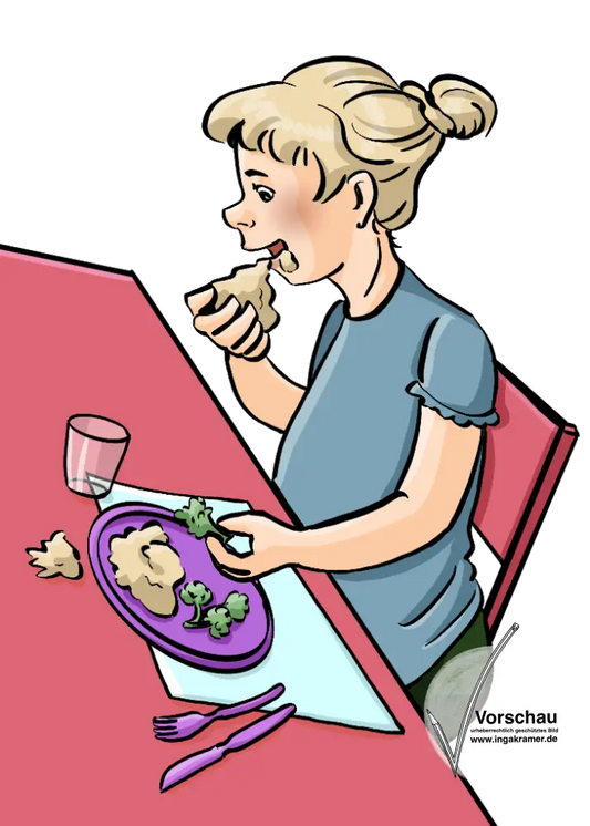 Ein Mädchen sitzt am Tisch, vor ihm steht ein Teller mit essen. Das Mädchen steckt sich mit der Hand Essen in den Mund.
